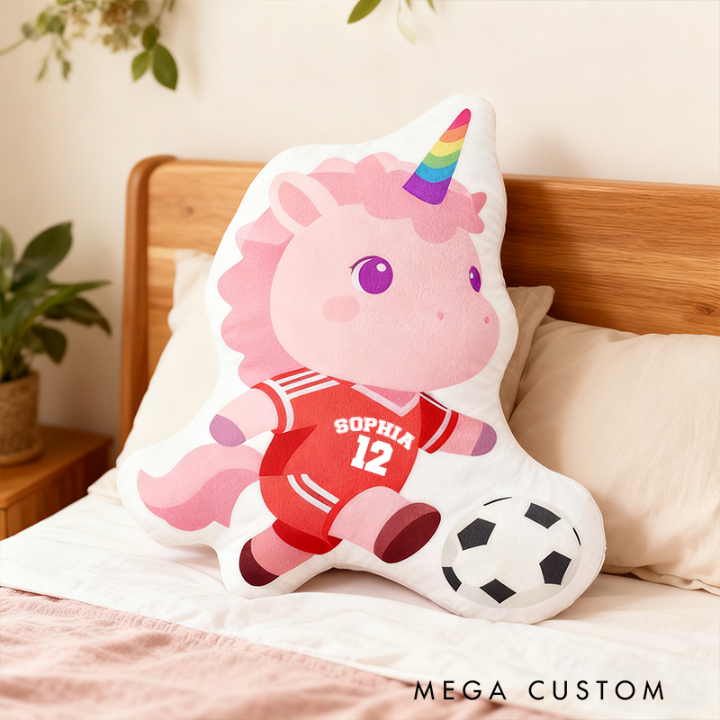 Personalized Unicorn Soccer Pillow with Custom Name and Number Design