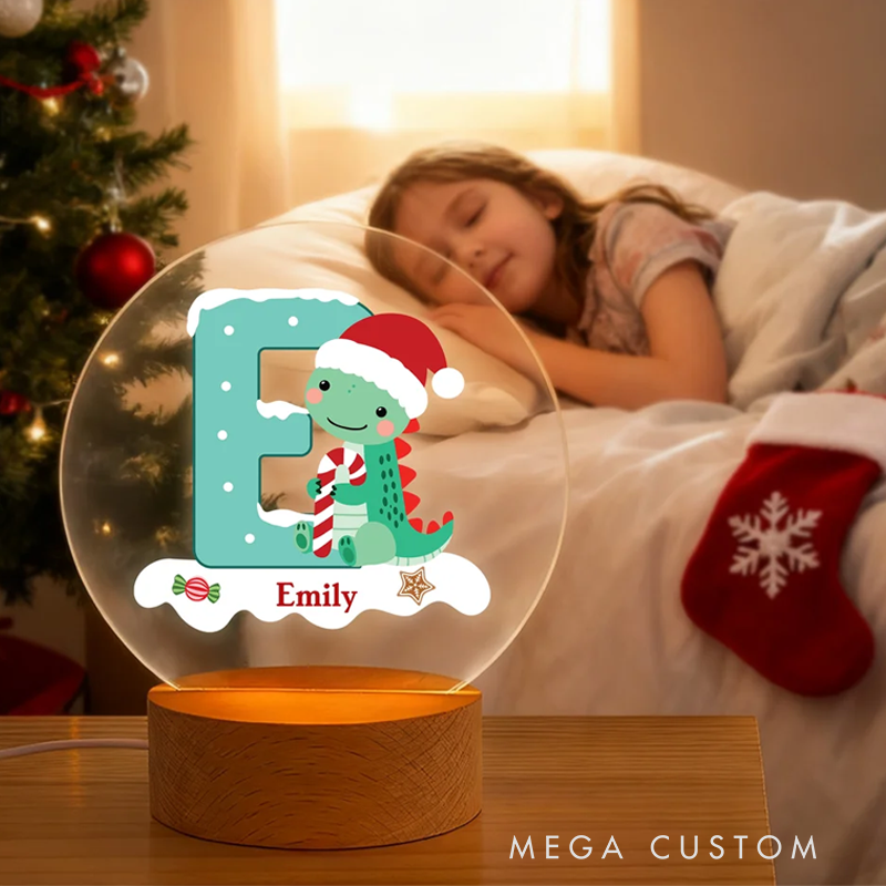Personalized Santa Hat Dinosaur Initial LED Night Light with Name and Wooden Base Home Decor Christmas Gift for Kids