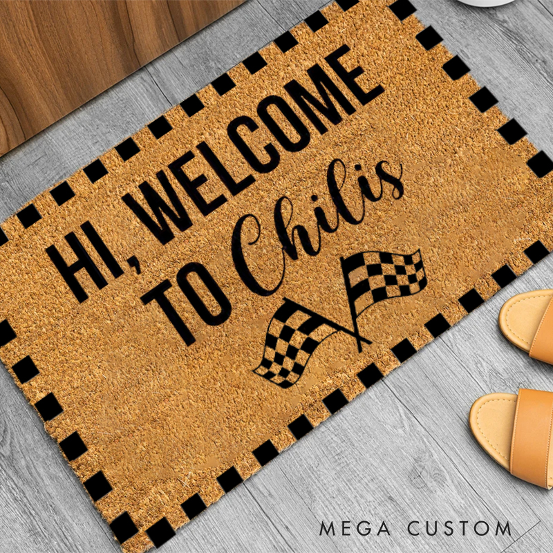 Personalized Racing Theme Doormat Custom Name Checkered Flag Welcome Mat Gift for Car Lovers and Motorsport Families