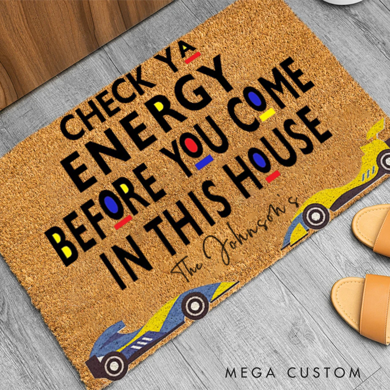 Personalized Funny Racing Doormat Custom Name Check Your Energy Welcome Mat for Car Lovers and Motorsport Families
