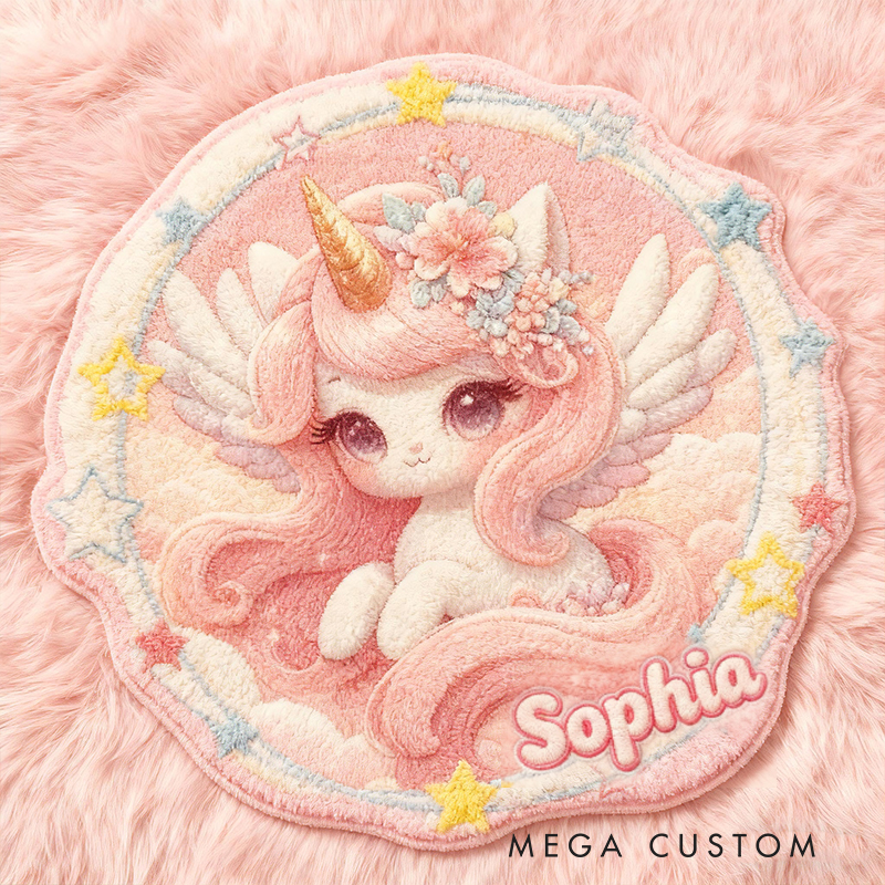Personalized Pink Pegasus Custom Name Soft Decorative Gift Magical Princess Style Cozy Nursery Room Dream Star Fairy Tale Doormats