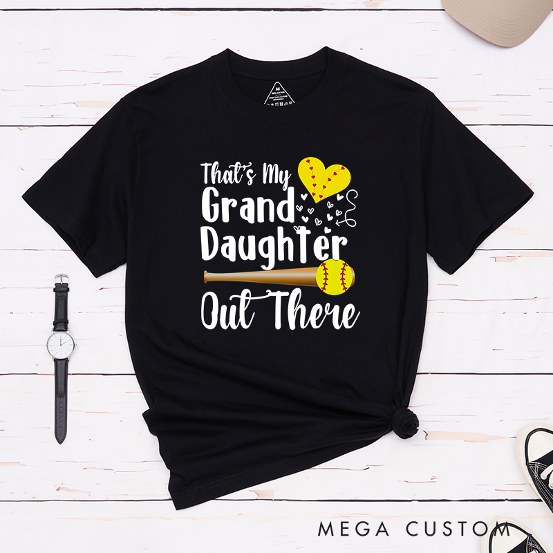 Personalized Softball Support T-Shirt Design Featuring Customizable Text for Granddaughter or Other Titles Bold Typography Heart-Shaped Stitching Graphic Softball Bat and Ball Elements