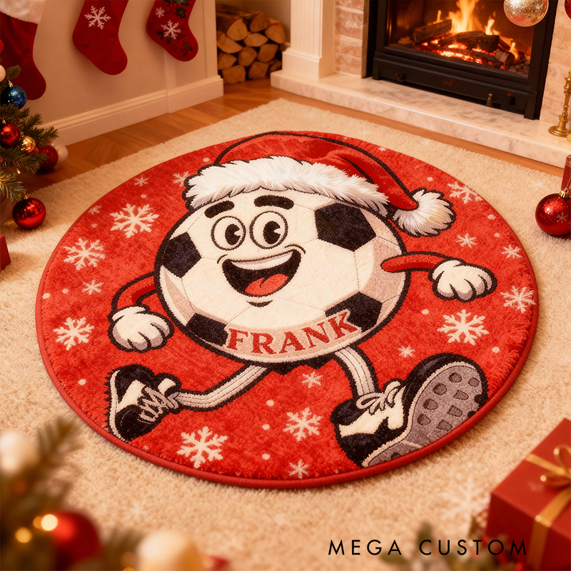 Personalized Christmas Soccer Rug with Custom Name and Festive Design
