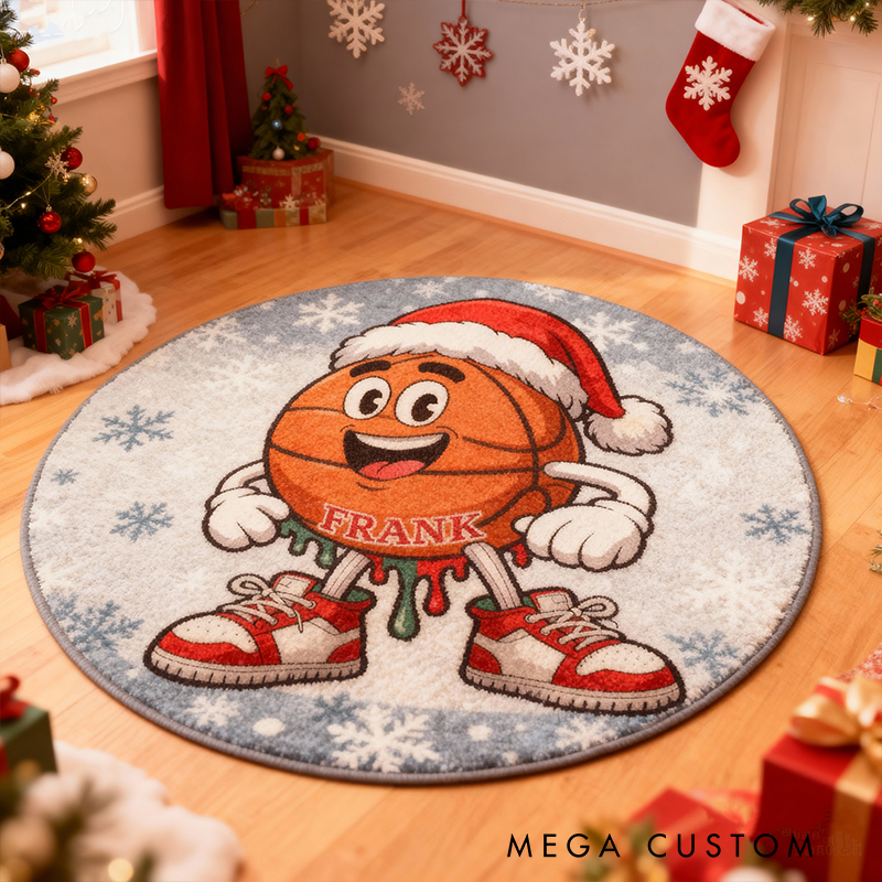 Personalized Christmas Basketball Rug with Custom Name and Festive Design