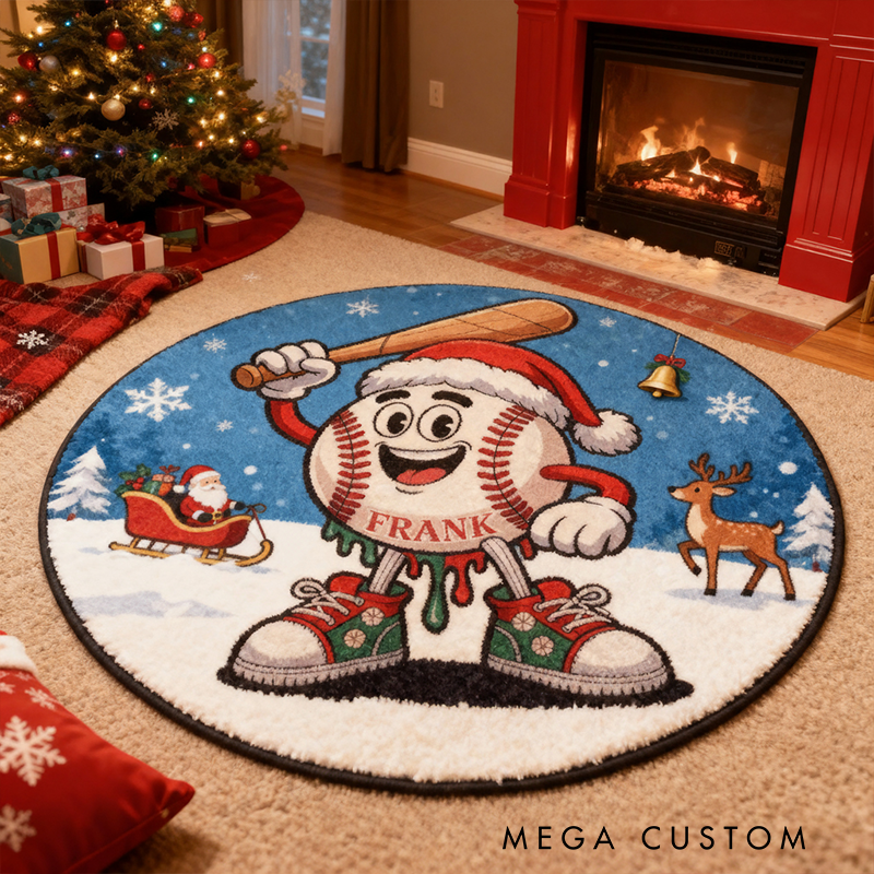 Personalized Christmas Baseball Rug with Custom Name and Festive Design