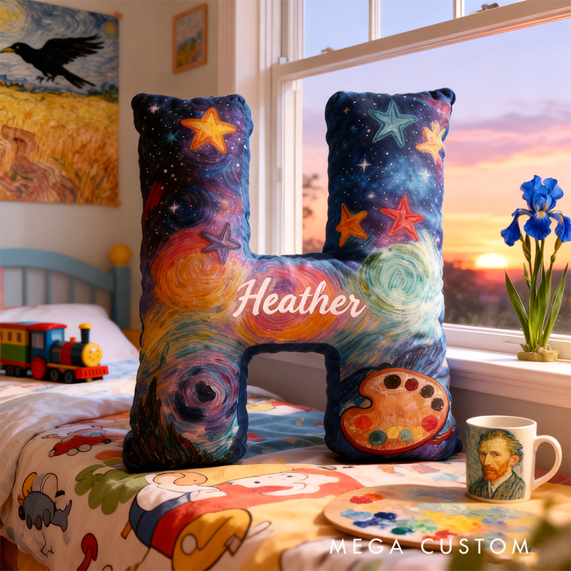 Personalized Graphic 3D Print Van Gogh Inspired Starry Night Alphabet Shaped Pillow for Art Lovers Initial Pillow Christmas Gift for Kids