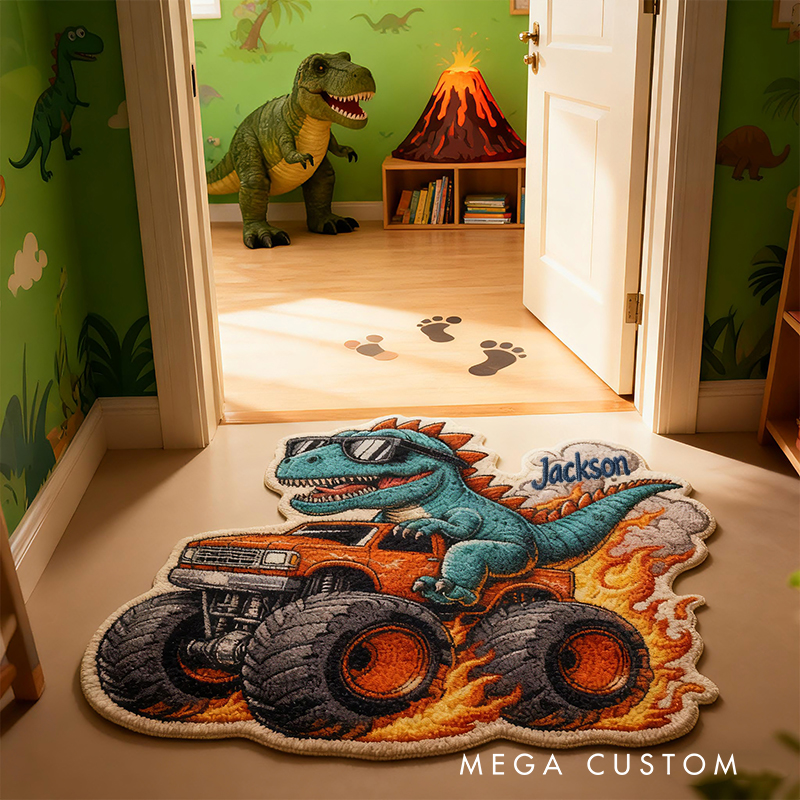 Personalized Dinosaur Monster Truck Custom Name Soft Decorative Gift Adventure Style Fun Playroom Cool Boys Room Fire Power Racing Doormats