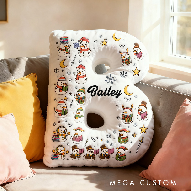 Personalized Snowman Reading Book Throw Pillow Graphic 3D Cozy Bookish Pillow with Name for Bookworm Librarian Christmas Throw Pillow Bookish Gift