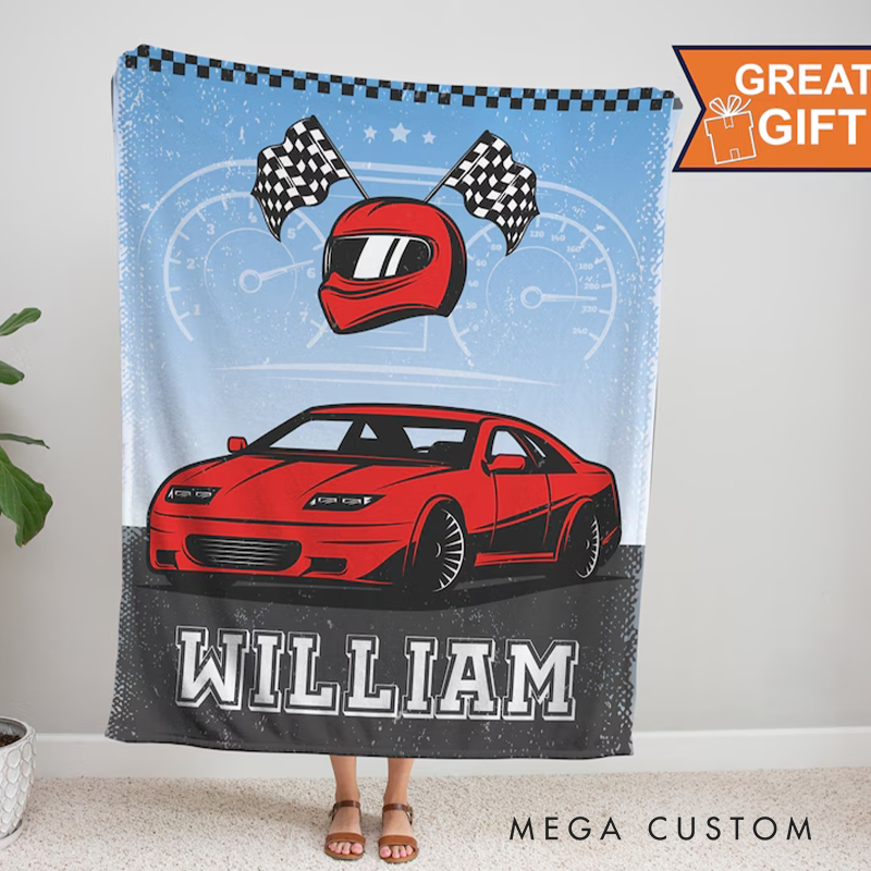 Personalized Racing Blanket Custom Name Soft Cozy Sherpa Fleece Throw Blankets Sport Gift