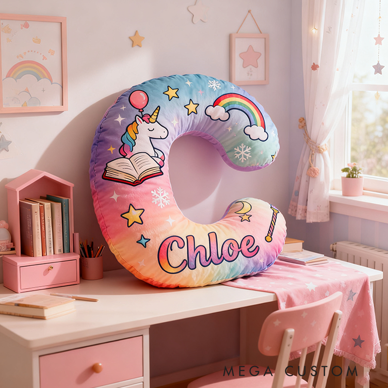 Personalized Gradient Letter Pillow with Unicorn Stars Moon Balloons and Whimsical Fairytale Magic Inspired Graphic 3D Print Pillow Christmas Gift