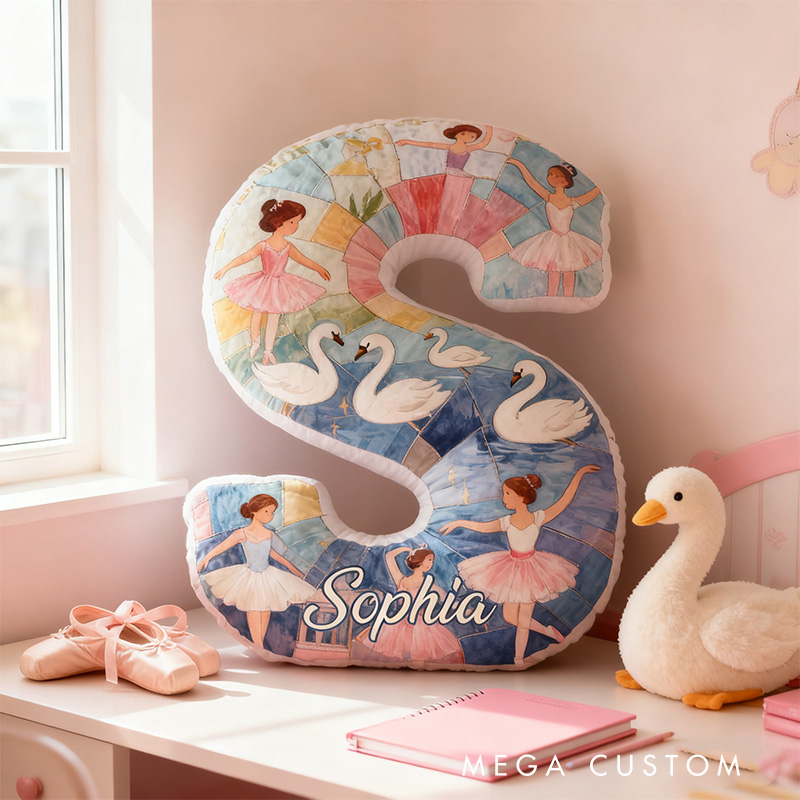 Personalized Graphic 3D Fantacy Swan Ballet Alphabet Shaped Pillow for Dance Lovers Initial Pillow Christmas Gift for Kids