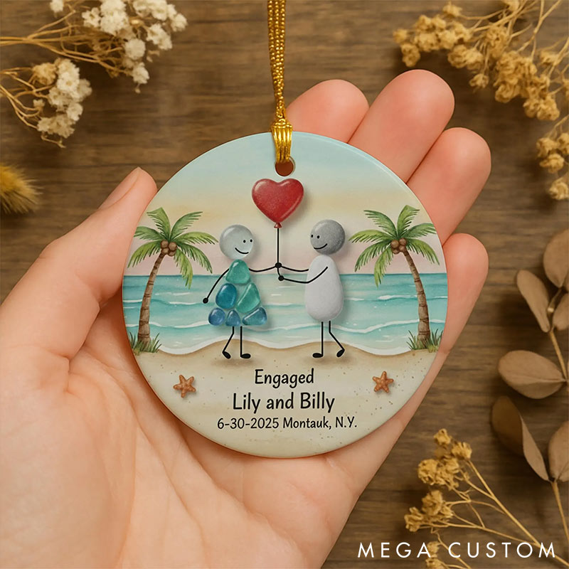 Personalized Faux Sea Glass Couple 2D Flag Chrismas Tree Couple Ornament Chrismas Decoration Gift for Husband Wife for Girfriend Boyfriend