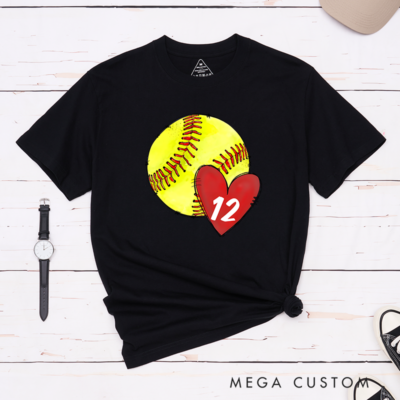 Personalized Softball T-Shirt Design Featuring Hand-Drawn Softball Graphic Heart Element and Customizable Player Jersey Number for a Unique Supportive Look