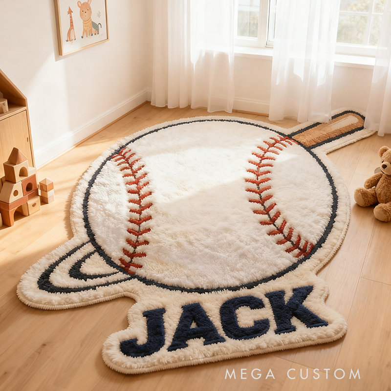 Personalized Home Run Baseball Rug with Custom Name and Bat Design for Sports Fans