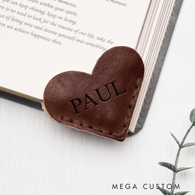 Personalized Leather Magnetic Book Mark Engraved Heart Bookmark with Name Custom Reader Gift for Him Journal Accessory