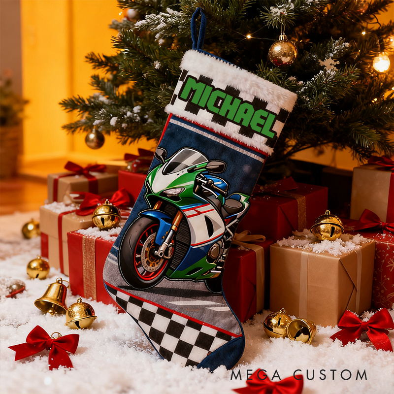 Personalized Motorcycle Christmas Stocking with Name and Racing Theme Family Christmas Gifts Xmas Gift