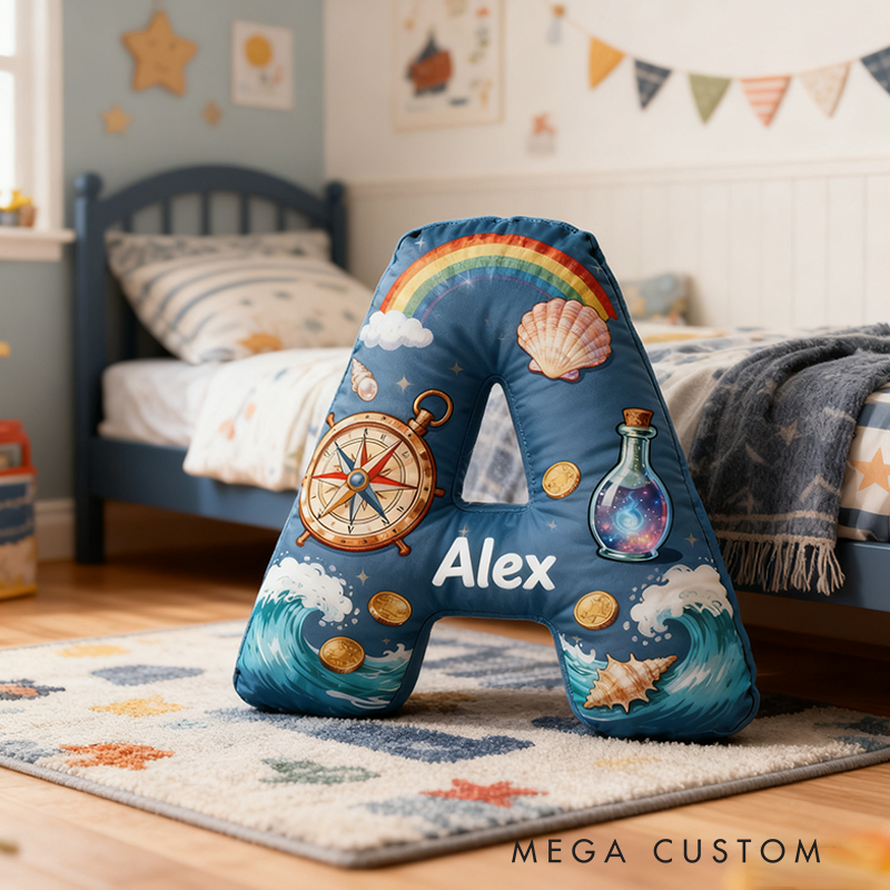 Personalized Nautical Adventure Pillow with Compass Waves Rainbow Shells Gold Coins and Magic Bottle Design Graphic 3D Print Pillow