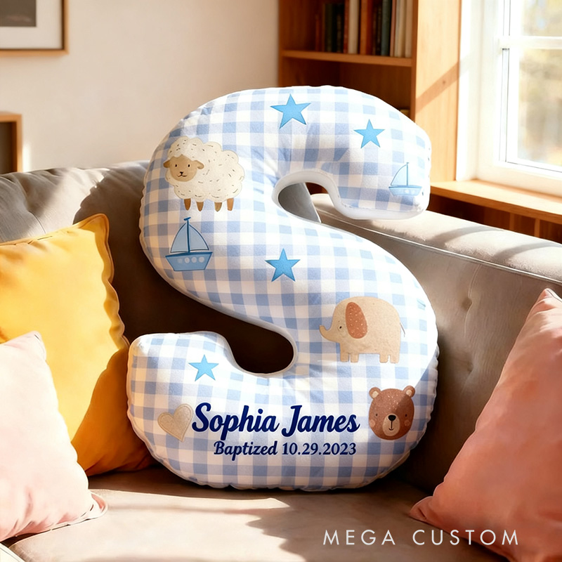 Personalized Woodland Animals Baptism Letter Pillow with Custom Name Kid Room Decor Christian Gift Baby Boy Gift Baptism Gift Graphic 3D Print Pillow