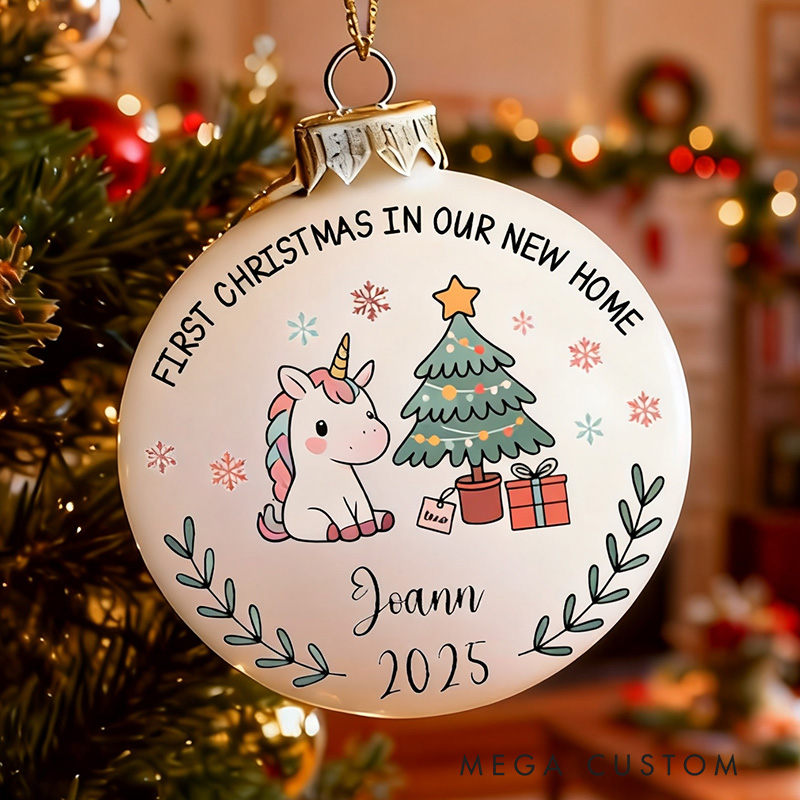 Personalized Unicorn Christmas Ball First Christmas Ornament in Our New Home 2025 for Kids Custom Keepsake Gift for Kids Festive Holiday Decoration