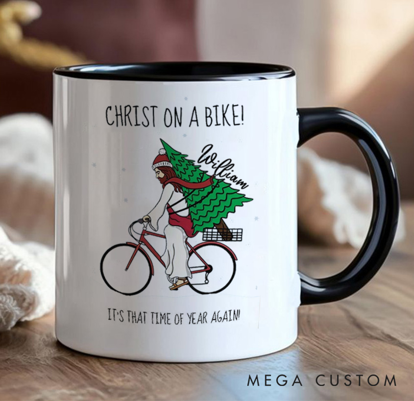 Personalized Christ on A Bike Coffee Mug Funny Bicycle Gift Lover Christmas Bicycles Mug Cyclist Gift Mountain Biker Gift Cycling Bike Gift Bicyclist Mug Colour Options Available