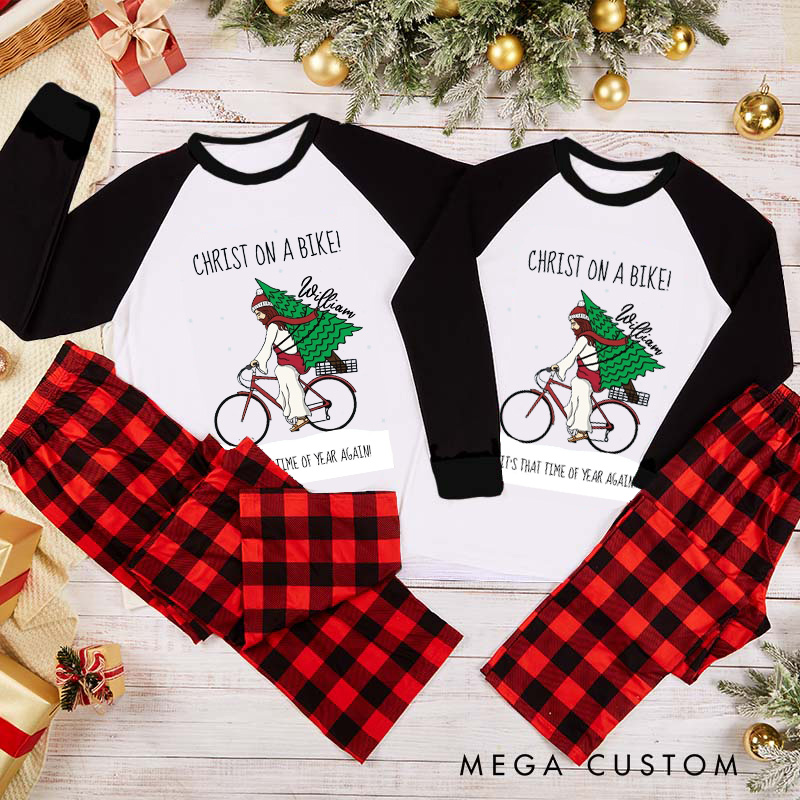 Personalized Christ on A Bike Pajama Set Cycling Christmas Pajamas Bicycle Santa Pajamas Christmas Pajamas Matching Family Perfect for Holiday and Rider Riding Lover