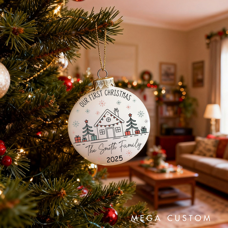 Personalized Christmas Ball Our First Christmas Ball Ornament in New Home 2025 Family Name Keepsake Holiday Decoration Custom Family Christmas Gift
