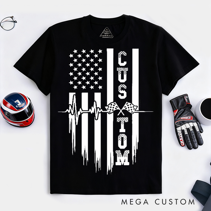 Personalized Racing T Shirt Custom Text Heartbeat Checkered Flag American Flag Tee for Racing and Car Lovers