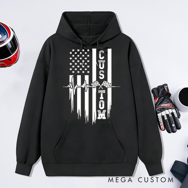 Personalized Racing Hoodie Custom Text Heartbeat Checkered Flag American Flag Sweatshirt for Car Lovers