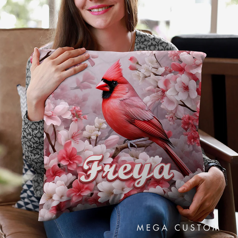 Personalized Cardinal Floral Pattern Throw Pillow Cover Graphic 3D Print with Name Memory Christmas Gift for Family Custom Double Sided Pillow