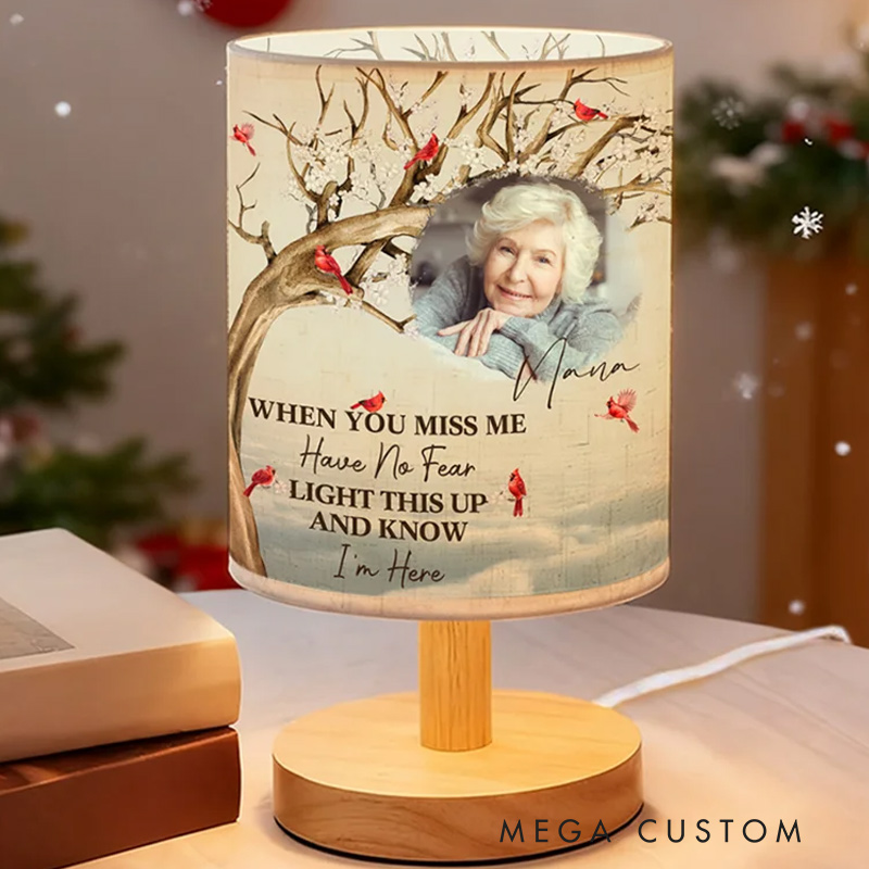 Personalized Cardinal Photo Flaxen Fabric Table Lamp with Name and Text Home Decor Christmas Memorial Gift for Family