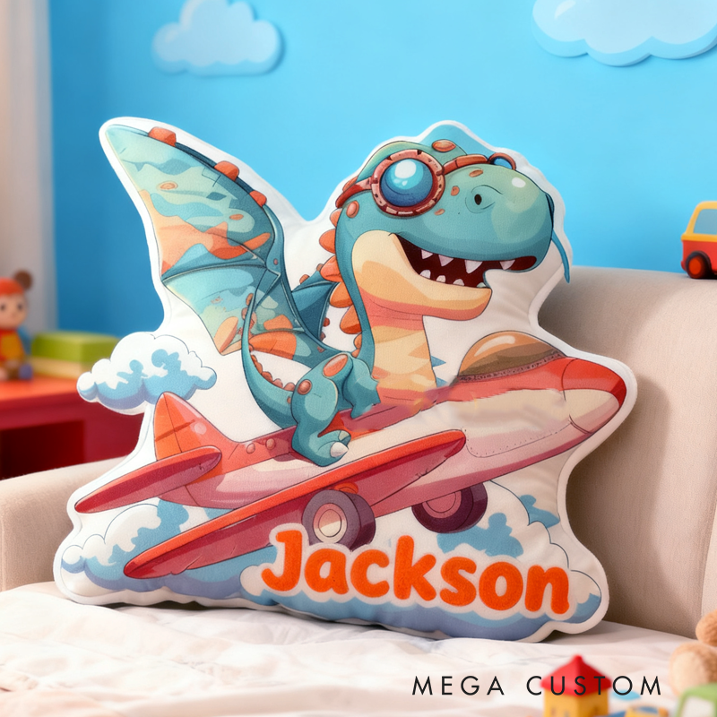 Personalized Cartoon Dinosaur Flying a Plane with Name Graphic 3D Print Pillow Christmas Gift for Kids Birthday Gift