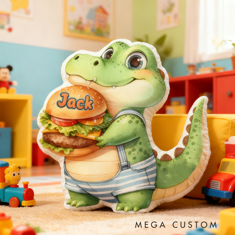 Personalized Cartoon Dinosaurs Eating Hamburgers with Name Graphic 3D Print Pillow Christmas Gift for Kids Birthday Gift