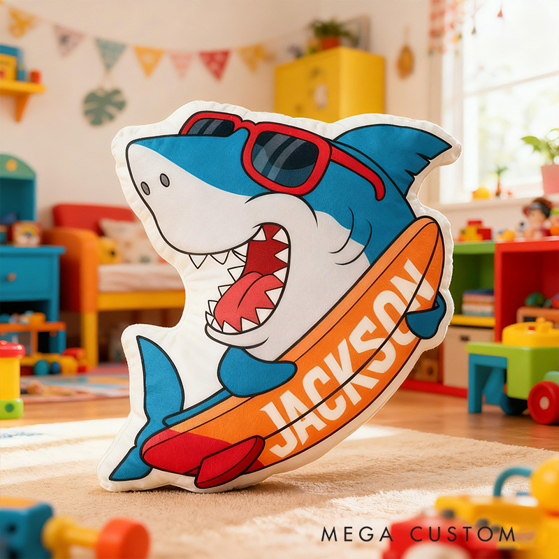 Personalized Cool Shark Surfboard Custom Name Soft Decorative Gift Summer Beach Style Fun Ocean Adventure Blue Waves Outdoor Vibe Graphic 3D Print Pillow