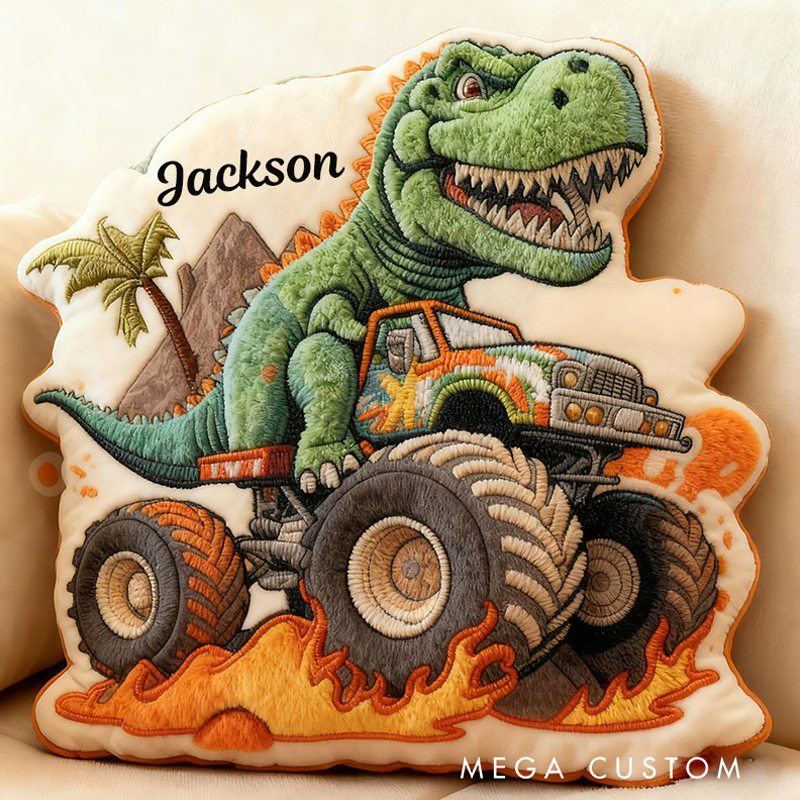 Personalized Dinosaurs Driving Trucks with Name Graphic 3D Print Pillow Christmas Gift for Kids Birthday Gift