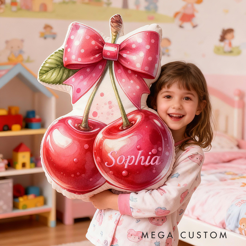 Personalized Cherry Bow Fruit Custom Name Soft Decorative Gift Sweet Princess Style Cozy Bedroom Pink Lovely Fresh Fun Magic Graphic 3D Print Pillow