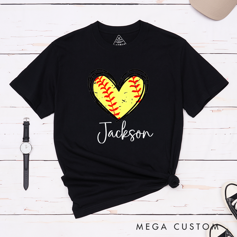 Personalized Softball Heart T-Shirt Design Featuring Custom Name and Vibrant Softball Stitching Graphic