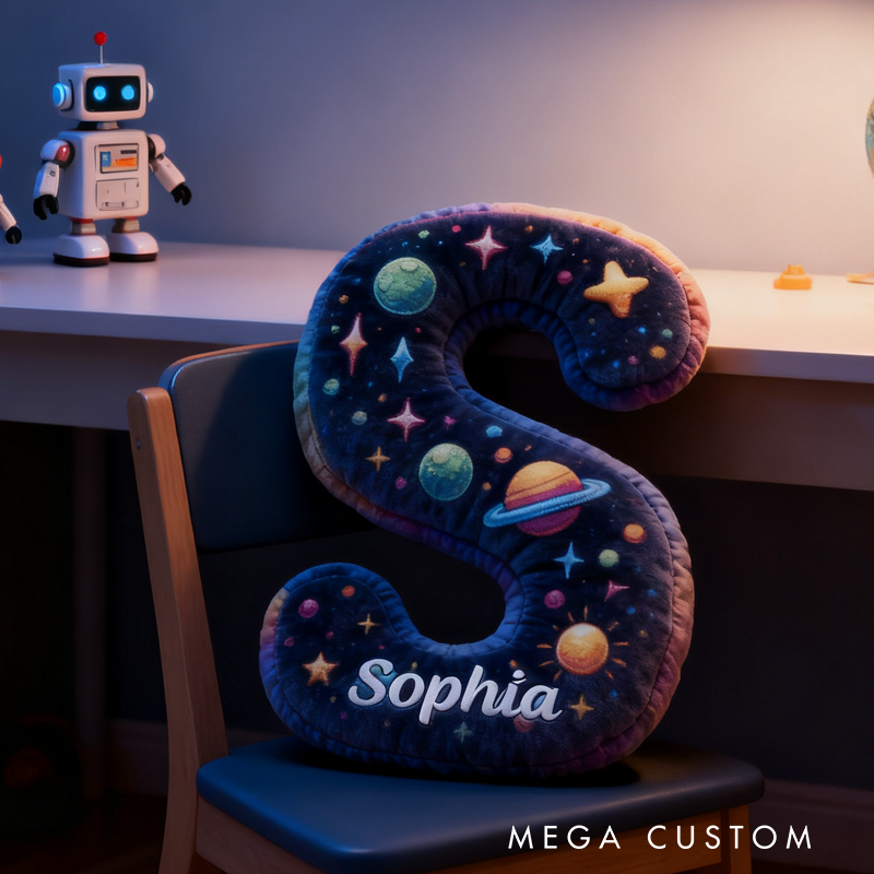 Personalized Neon Space Alphabet Pillow Galaxy Letters Pillow Galaxy Astronaut Rocket Planet Pillow Gifts for Kid Science Fiction Fans