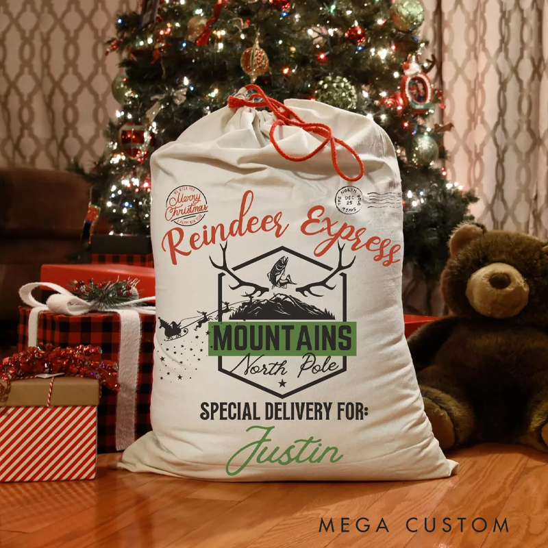 Personalised Mountain Fishing Christmas Sack Christmas Camping Sack Christmas Sack Gift for Men Camp Deer Hunting Lover