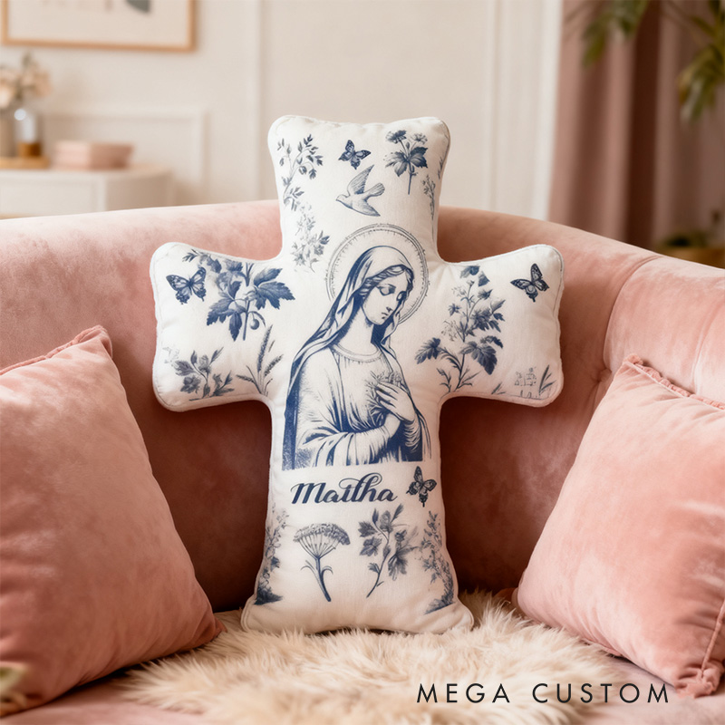 Personalized Catholic Virgin Mary Toile Cross Pillow with Custom Name Home Decor Our Lady Pillow Vintage Floral Marian Pillow Christian Gift for Women