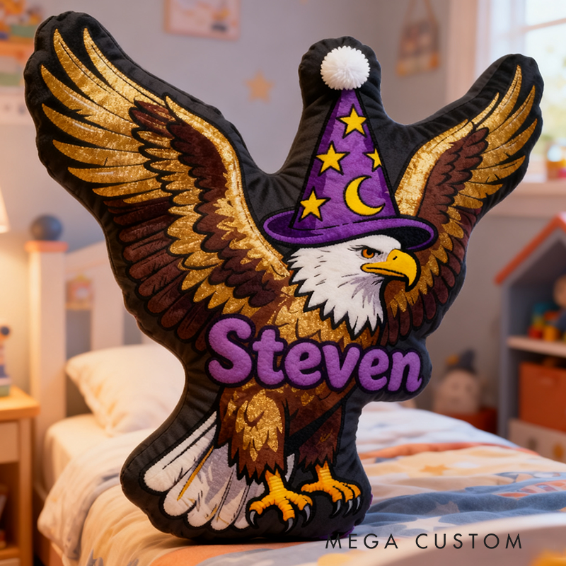 Personalized Eagle Shaped Pillow with Golden Wings Wizard Hat Moon Stars and Magical Design Graphic 3D Print Pillow