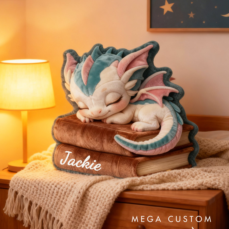 Personalized Sleeping Dragon and Book Throw Pillow Dragon Fantasy Bookish Pillow with Name for Kids Boy Girl Gift for Reading Lover Pillow