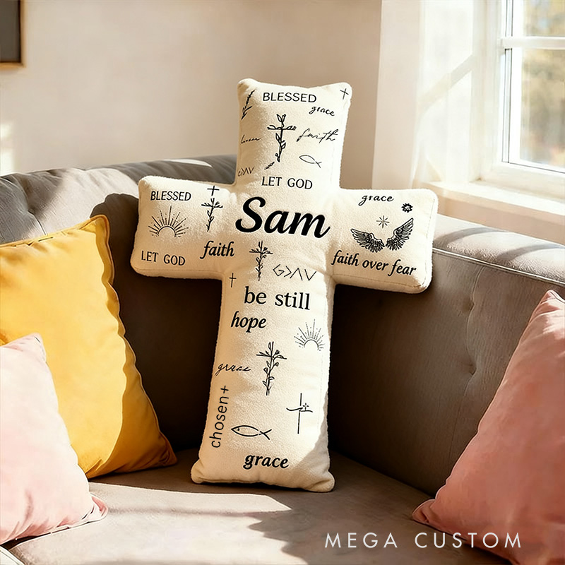 Personalized Faith over Fear Cross Pillow with Custom Name Home Decor Faith Hope Grace Cross Dove Pillow Religious Christian Gift