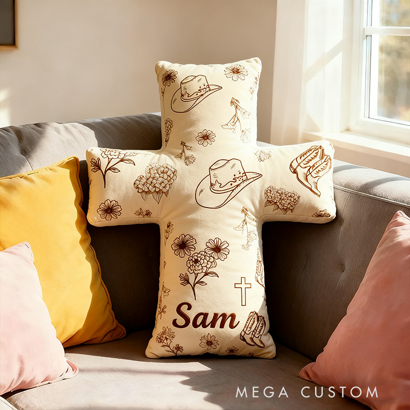 Personalized Rustic Cross Pillow with Custom Name Home Decor Vintage Cowboy Hat Boot Flower Pillow Religious Christian Gift