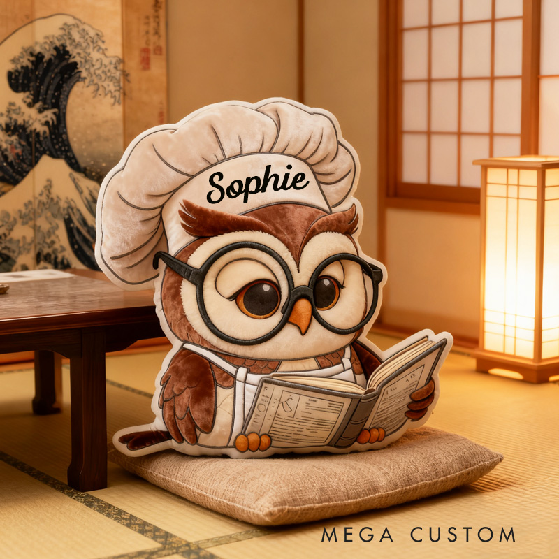 Personalized Reading Owl Throw Pillow Baking Owl Pillow Fantasy Bookish Pillow with Name for Kids Boy Girl Gift for Reading Lover Pillow