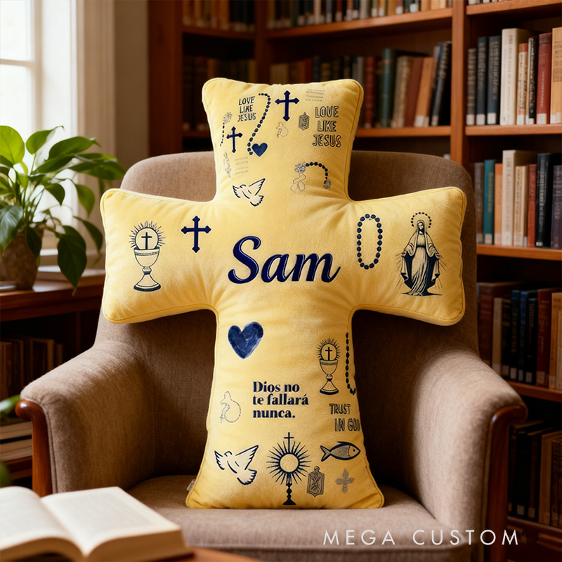 Personalized God will Never Fail You Cross Pillow with Custom Name Home Decor Virgin Mary Cross Chalic Dove and Fish Pillow Religious Gift for Her
