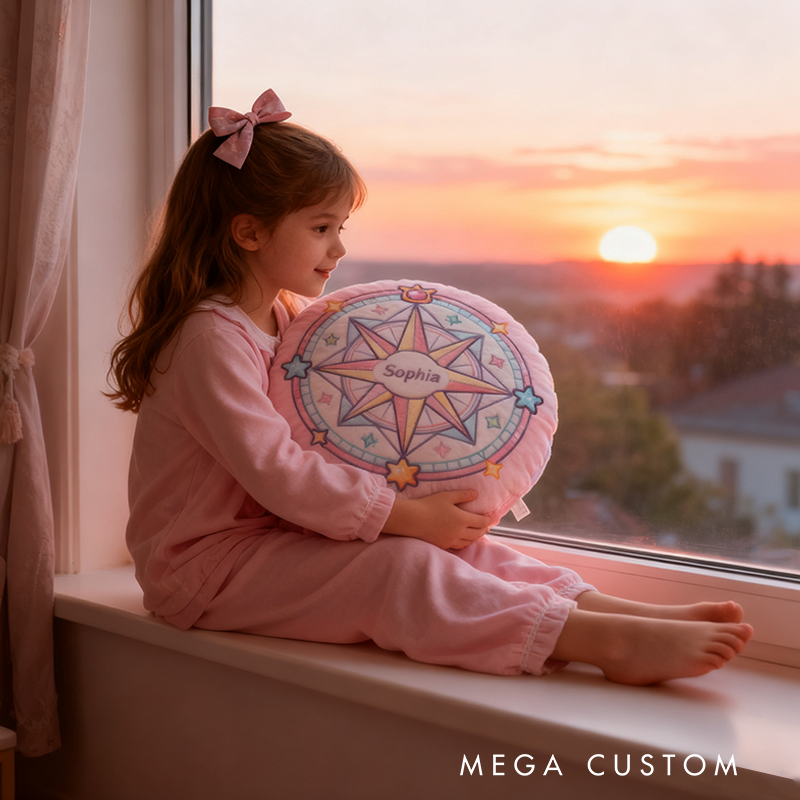 Personalized Round Pink Christmas gift Pillow with Star Compass Pastel Colors Magical Design and Cute Decorative Elements Graphic 3D Print Pillow