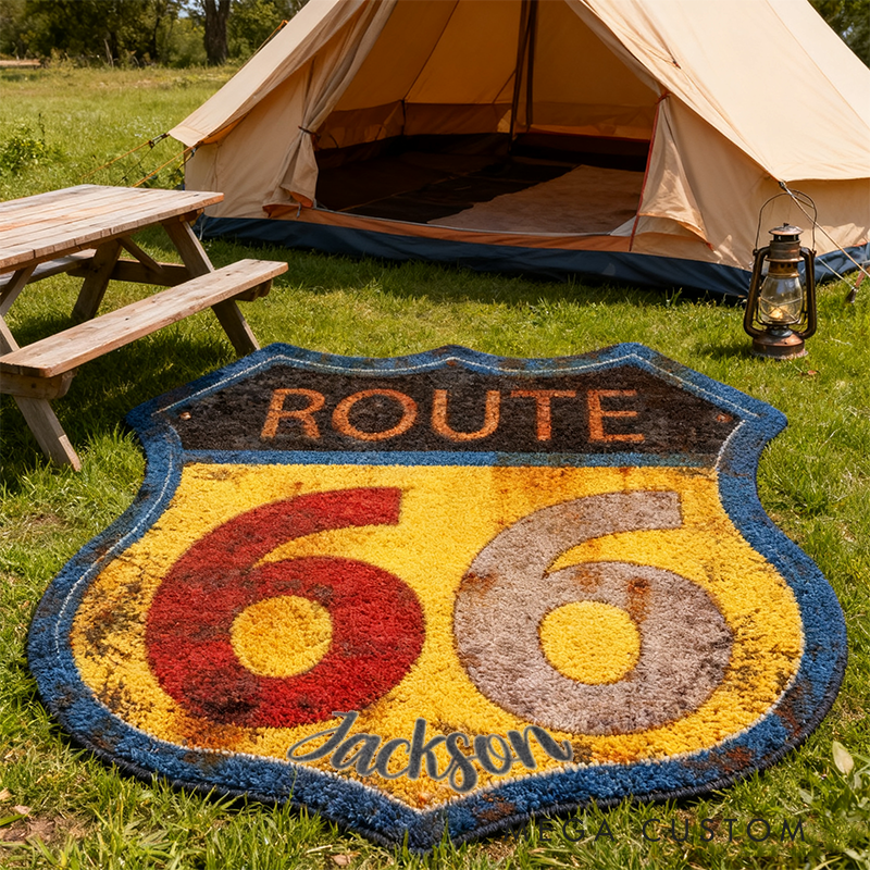 Personalized Route 66 Themed Rug with Custom Name Retro Style Home Decor