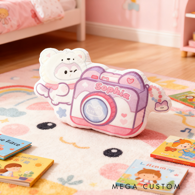 Personalized Cute Camera Shaped Pillow with Cute Bear Heart Details Pastel Colors  Graphic 3D Print Pillow