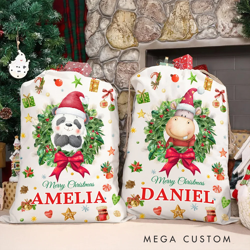 Personalized Cute Cartoon Christmas Animal Wreath Drawstring Christmas Gift Bag with Name Christmas Eve Party Gift for Kids Family Friends