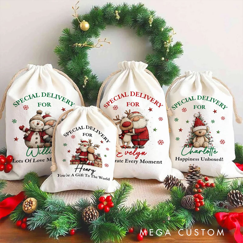Personalized Santa Claus Snowman Reindeer Design Canvas Drawstring Gift Bag with Name Christmas Gift for Kids Family